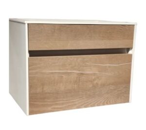 Modern bathroom vanity with wood finish and sleek drawer design, perfect for contemporary bathroom interiors.