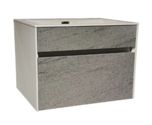 Stylish grey bathroom vanity with sleek storage drawers, perfect for modern bathroom renovations.