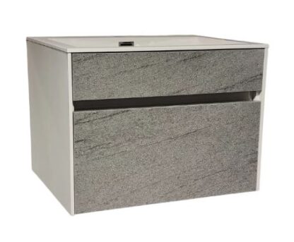 Stylish grey bathroom vanity with sleek storage drawers, perfect for modern bathroom renovations.